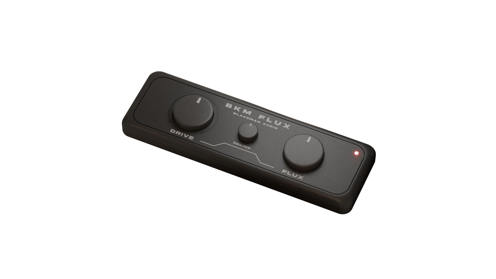 The BKM FLUX plugin rendered as a physical graphite hardware unit, angled on a dark surface, with its DRIVE, CEILING and FLUX controls and a lit red indicator LED.
