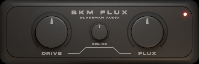 The BKM FLUX plugin face, showing the DRIVE knob on the left, the small CEILING knob in the centre beneath the engraved clip curve, the FLUX knob on the right, and a small indicator LED in the top corner.